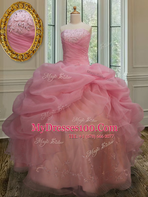 Embroidery and Pick Ups Ball Gown Prom Dress Pink Lace Up Sleeveless Floor Length