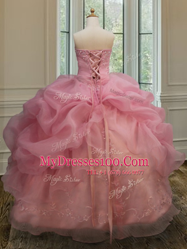 Embroidery and Pick Ups Ball Gown Prom Dress Pink Lace Up Sleeveless Floor Length