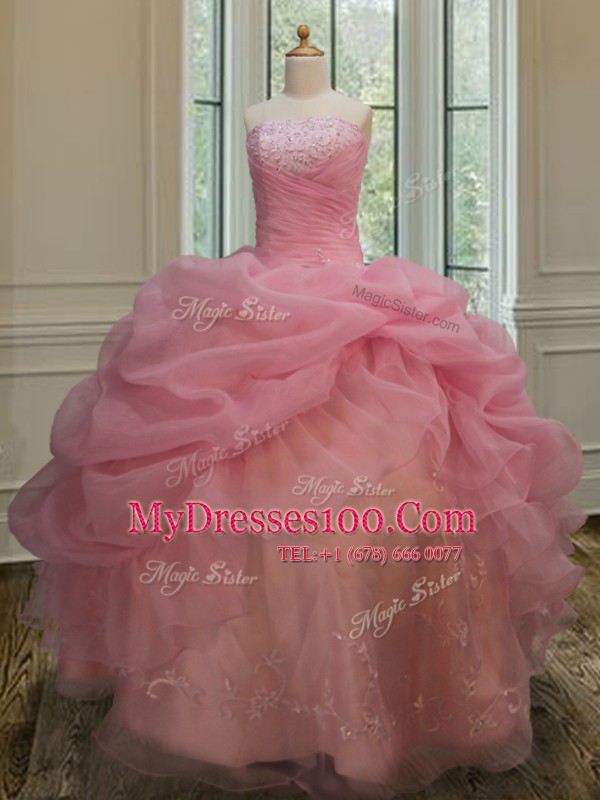 Embroidery and Pick Ups Ball Gown Prom Dress Pink Lace Up Sleeveless Floor Length