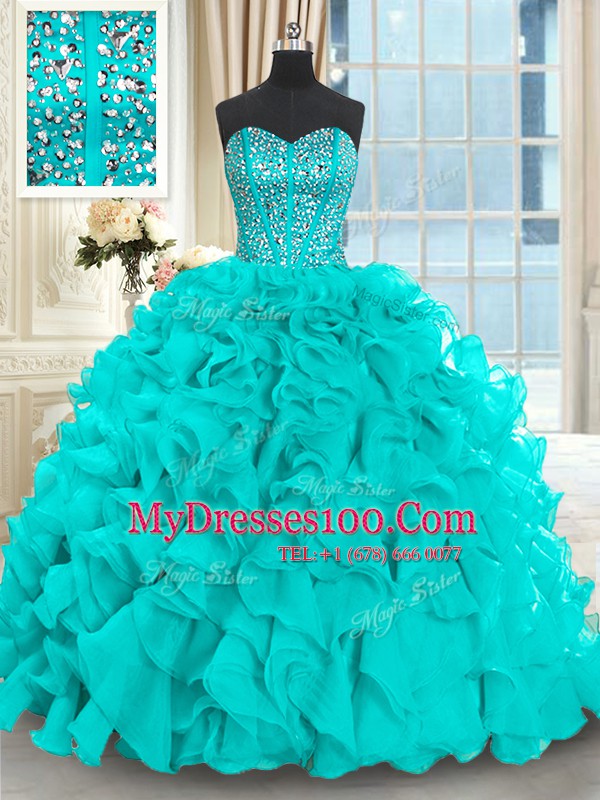 Flare Sweetheart Sleeveless Quince Ball Gowns With Brush Train Beading and Ruffles Aqua Blue Organza