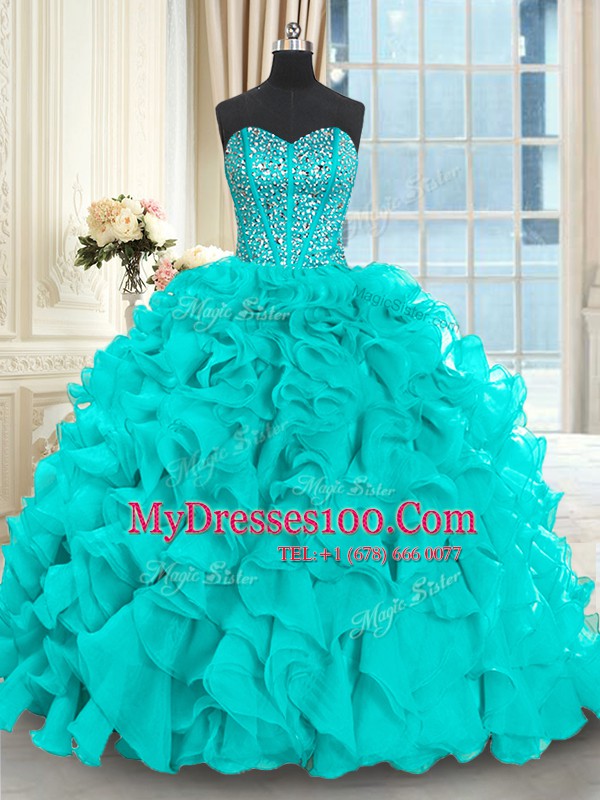 Flare Sweetheart Sleeveless Quince Ball Gowns With Brush Train Beading and Ruffles Aqua Blue Organza