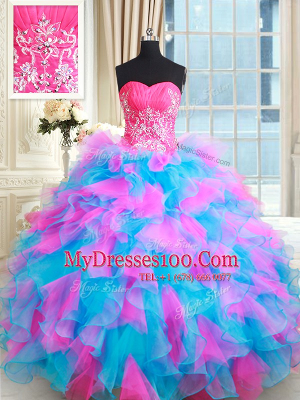Attractive Multi-color Ball Gowns Beading and Ruffles Sweet 16 Dresses Zipper Organza Sleeveless Floor Length