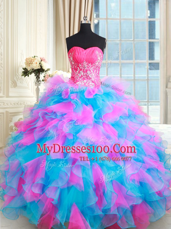 Attractive Multi-color Ball Gowns Beading and Ruffles Sweet 16 Dresses Zipper Organza Sleeveless Floor Length