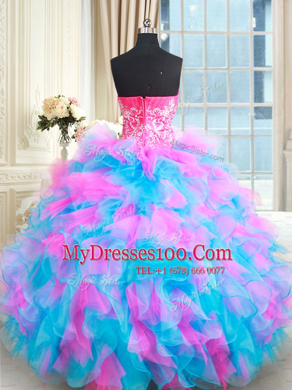 Attractive Multi-color Ball Gowns Beading and Ruffles Sweet 16 Dresses Zipper Organza Sleeveless Floor Length