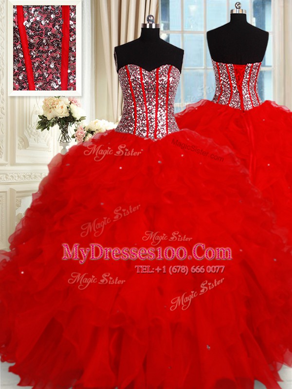 Glamorous Sleeveless Ruffles and Sequins Lace Up Ball Gown Prom Dress