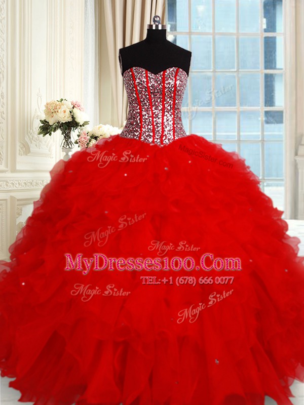 Glamorous Sleeveless Ruffles and Sequins Lace Up Ball Gown Prom Dress