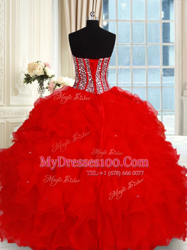 Glamorous Sleeveless Ruffles and Sequins Lace Up Ball Gown Prom Dress