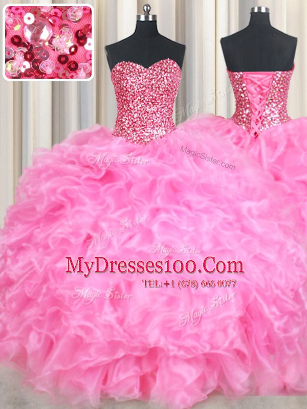 Artistic Sweetheart Sleeveless Quinceanera Dress Floor Length Beading and Ruffles and Sequins Rose Pink Organza