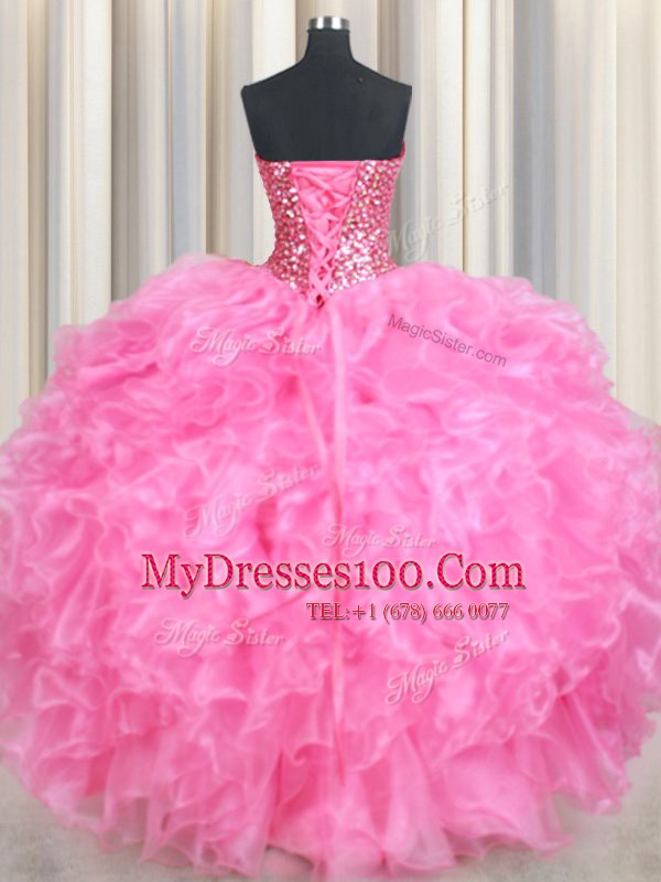 Artistic Sweetheart Sleeveless Quinceanera Dress Floor Length Beading and Ruffles and Sequins Rose Pink Organza