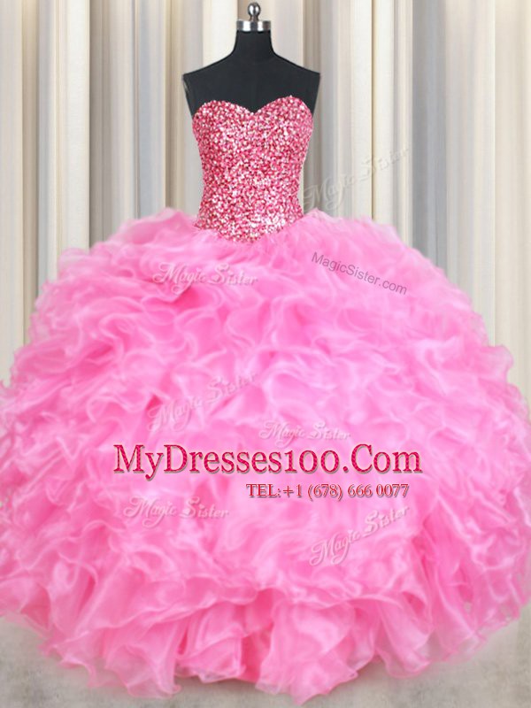Artistic Sweetheart Sleeveless Quinceanera Dress Floor Length Beading and Ruffles and Sequins Rose Pink Organza