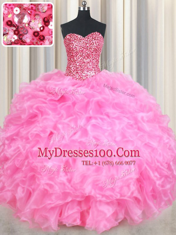 Artistic Sweetheart Sleeveless Quinceanera Dress Floor Length Beading and Ruffles and Sequins Rose Pink Organza