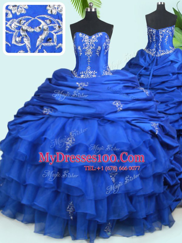 Royal Blue 15 Quinceanera Dress Military Ball and Sweet 16 and Quinceanera and For with Beading and Ruffled Layers and Pick Ups Sweetheart Sleeveless Court Train Lace Up