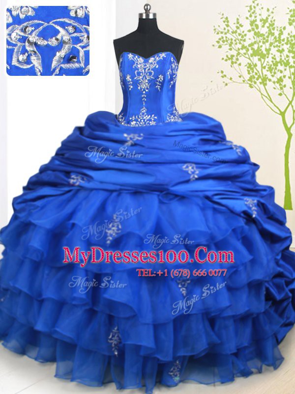 Royal Blue 15 Quinceanera Dress Military Ball and Sweet 16 and Quinceanera and For with Beading and Ruffled Layers and Pick Ups Sweetheart Sleeveless Court Train Lace Up
