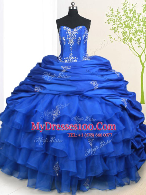Royal Blue 15 Quinceanera Dress Military Ball and Sweet 16 and Quinceanera and For with Beading and Ruffled Layers and Pick Ups Sweetheart Sleeveless Court Train Lace Up