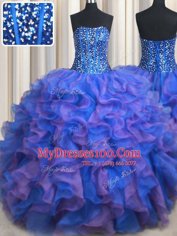 Blue and Purple Sleeveless Floor Length Beading and Ruffles Lace Up 15 Quinceanera Dress