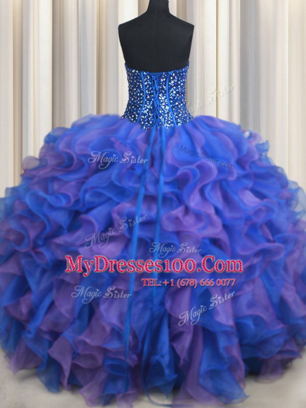 Blue and Purple Sleeveless Floor Length Beading and Ruffles Lace Up 15 Quinceanera Dress