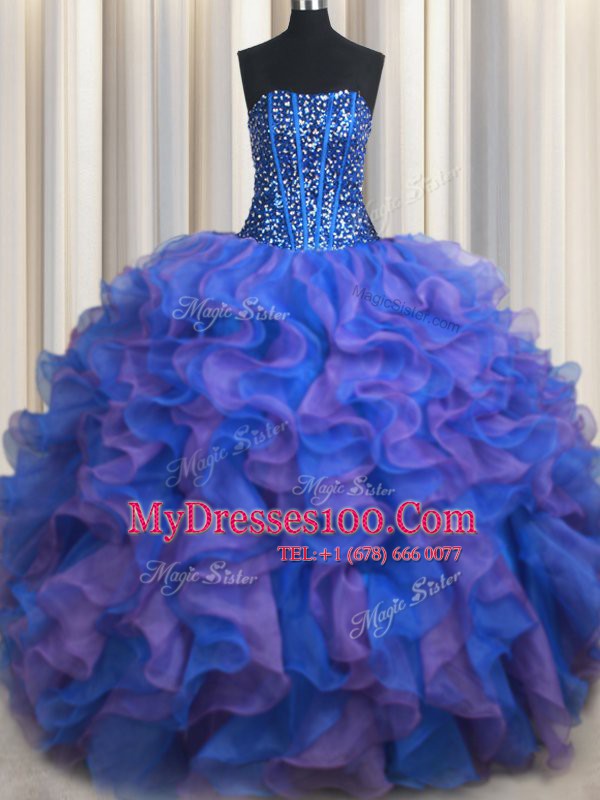 Blue and Purple Sleeveless Floor Length Beading and Ruffles Lace Up 15 Quinceanera Dress