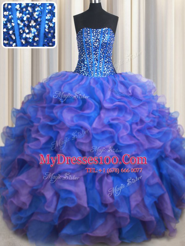 Blue and Purple Sleeveless Floor Length Beading and Ruffles Lace Up 15 Quinceanera Dress