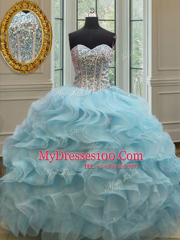 Sequins Ball Gowns Vestidos de Quinceanera Light Blue Sweetheart Organza Sleeveless Floor Length Lace Up