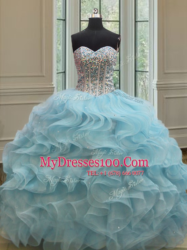 Sequins Ball Gowns Vestidos de Quinceanera Light Blue Sweetheart Organza Sleeveless Floor Length Lace Up