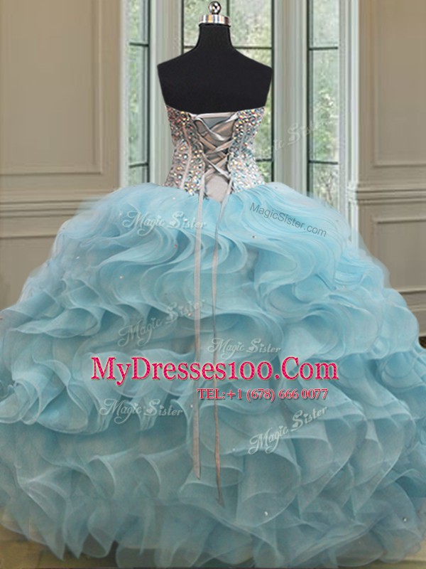 Sequins Ball Gowns Vestidos de Quinceanera Light Blue Sweetheart Organza Sleeveless Floor Length Lace Up