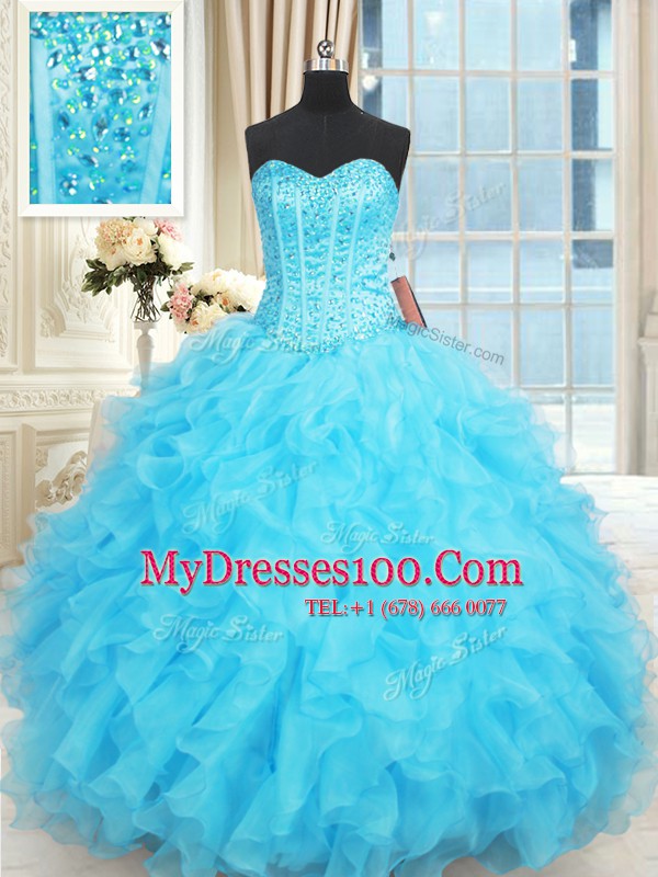 Sleeveless Organza Floor Length Lace Up Quinceanera Dress in Aqua Blue with Beading and Ruffles and Ruffled Layers