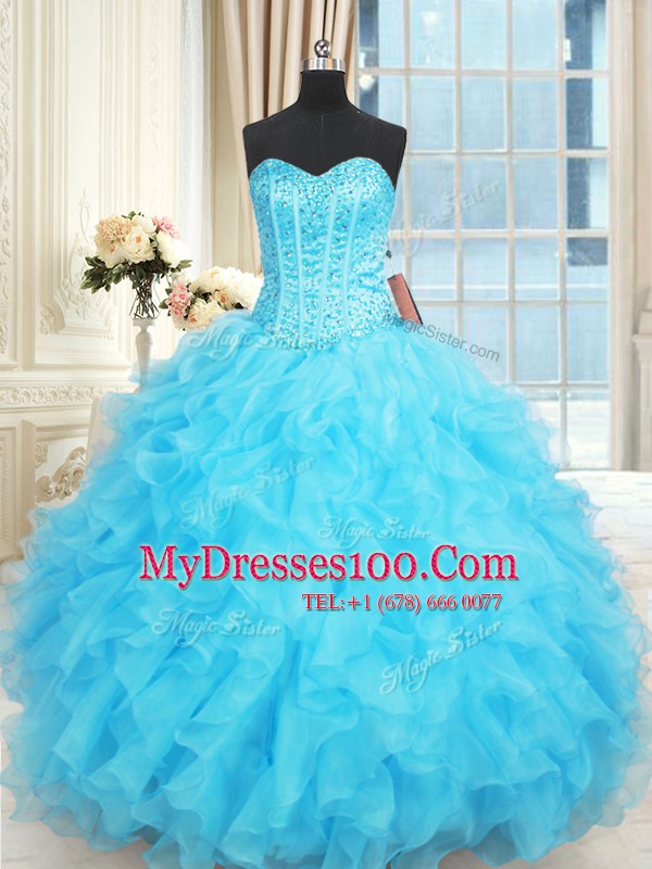 Sleeveless Organza Floor Length Lace Up Quinceanera Dress in Aqua Blue with Beading and Ruffles and Ruffled Layers