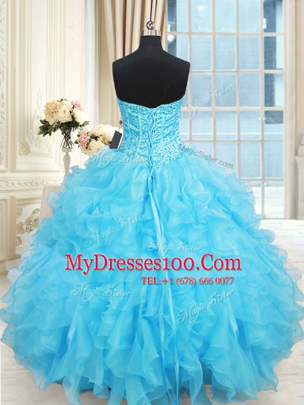 Sleeveless Organza Floor Length Lace Up Quinceanera Dress in Aqua Blue with Beading and Ruffles and Ruffled Layers