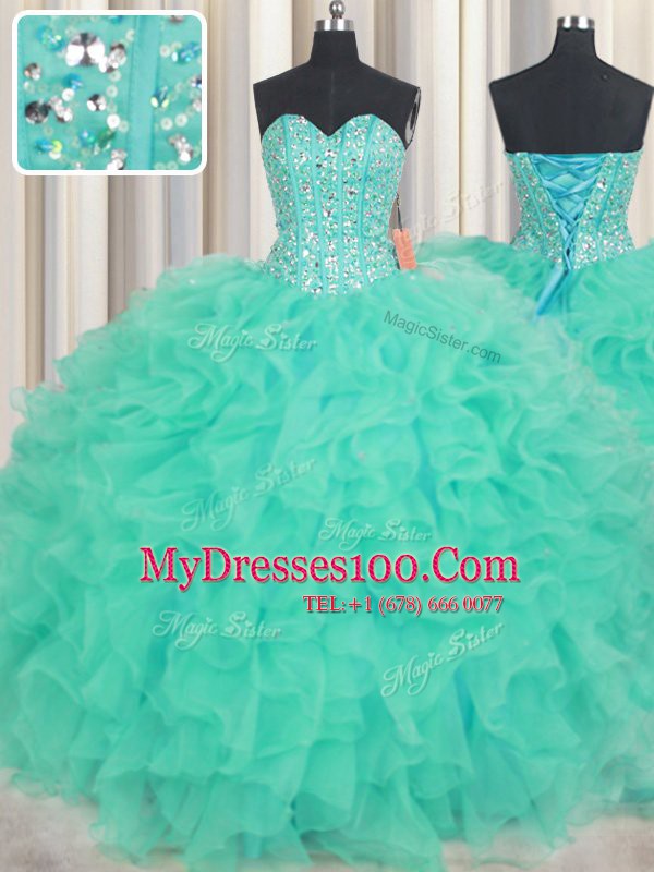 Floor Length Turquoise Sweet 16 Dresses Sweetheart Sleeveless Lace Up