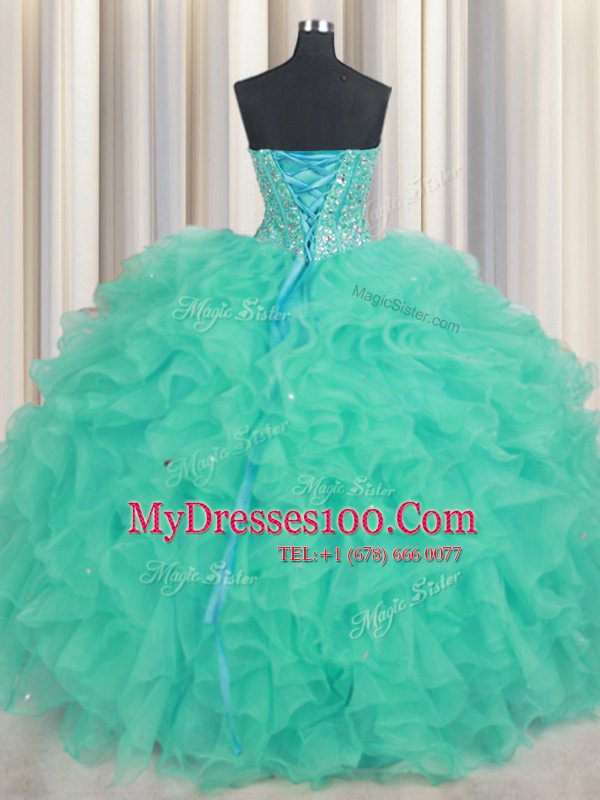 Floor Length Turquoise Sweet 16 Dresses Sweetheart Sleeveless Lace Up