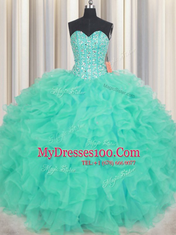 Floor Length Turquoise Sweet 16 Dresses Sweetheart Sleeveless Lace Up