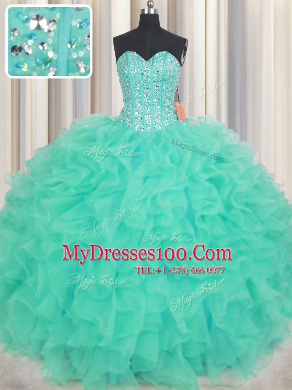Floor Length Turquoise Sweet 16 Dresses Sweetheart Sleeveless Lace Up