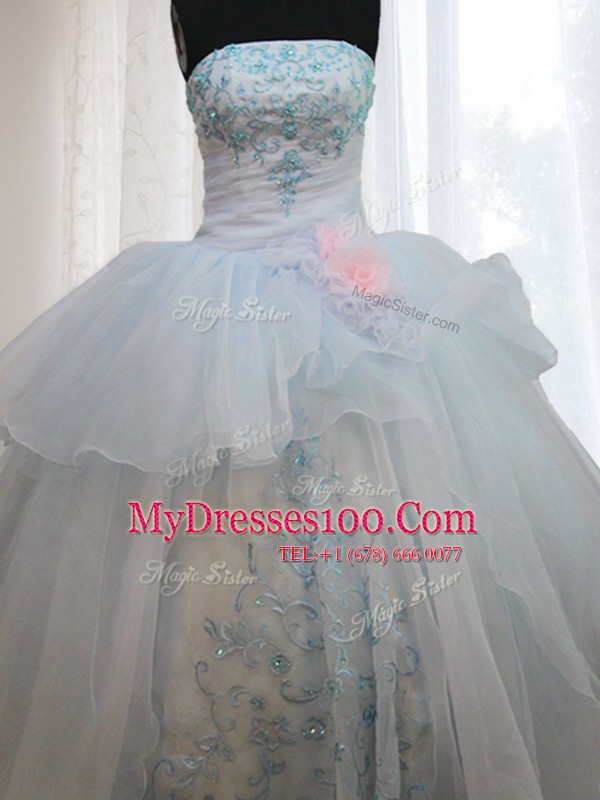 Beautiful Floor Length Lace Up Sweet 16 Dresses Light Blue for Military Ball and Sweet 16 and Quinceanera with Appliques and Hand Made Flower