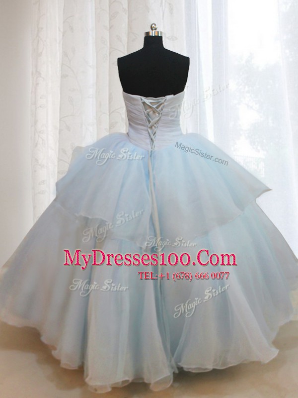 Beautiful Floor Length Lace Up Sweet 16 Dresses Light Blue for Military Ball and Sweet 16 and Quinceanera with Appliques and Hand Made Flower