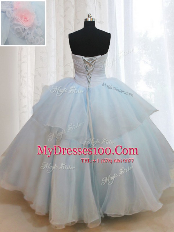 Beautiful Floor Length Lace Up Sweet 16 Dresses Light Blue for Military Ball and Sweet 16 and Quinceanera with Appliques and Hand Made Flower