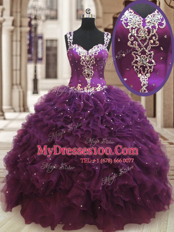 Straps Sleeveless Quinceanera Gowns Floor Length Beading and Ruffles Dark Purple Organza