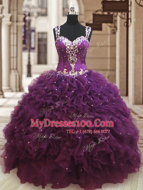 Straps Sleeveless Quinceanera Gowns Floor Length Beading and Ruffles Dark Purple Organza