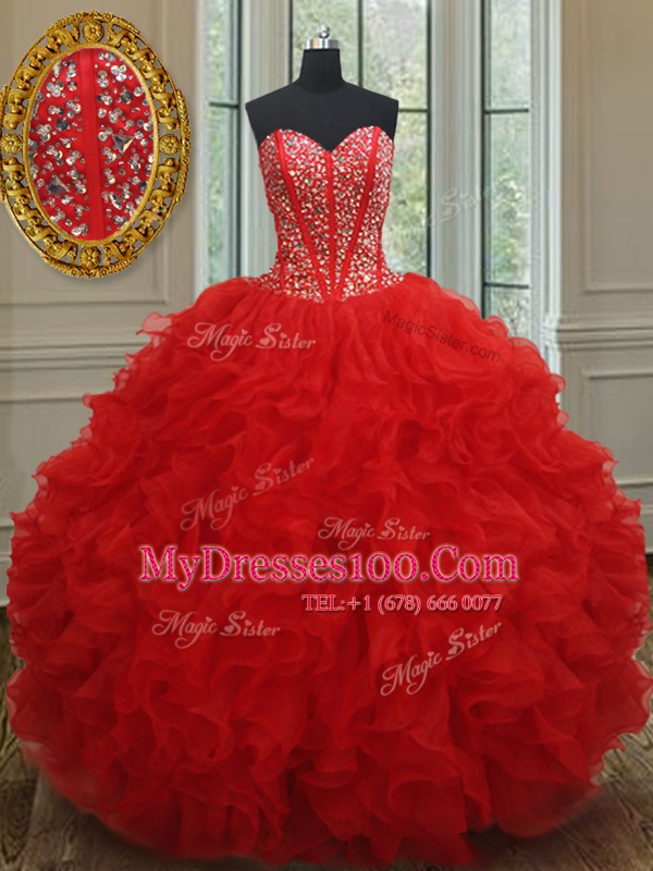 Discount Sleeveless Organza Floor Length Lace Up Quinceanera Dresses in Red with Beading and Ruffles