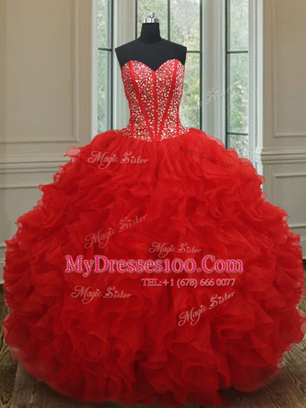Discount Sleeveless Organza Floor Length Lace Up Quinceanera Dresses in Red with Beading and Ruffles