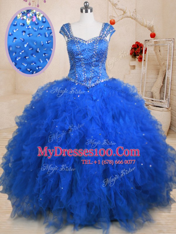 Decent Straps Tulle Cap Sleeves Floor Length Quinceanera Dress and Beading and Ruffles
