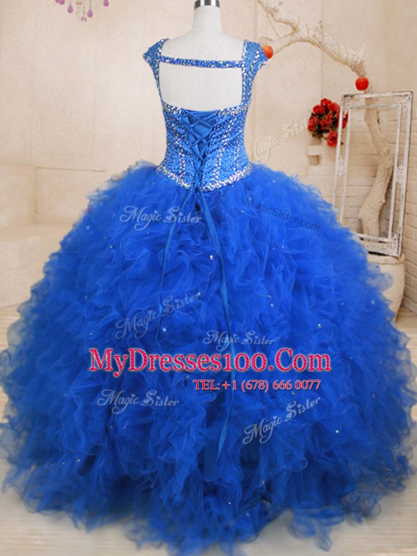 Decent Straps Tulle Cap Sleeves Floor Length Quinceanera Dress and Beading and Ruffles