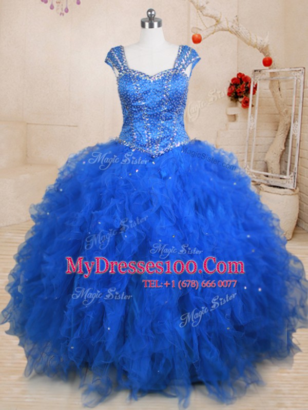 Decent Straps Tulle Cap Sleeves Floor Length Quinceanera Dress and Beading and Ruffles
