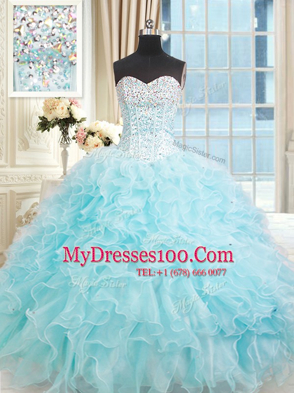 Floor Length Lace Up Quinceanera Gown Light Blue for Military Ball and Sweet 16 and Quinceanera with Ruffles