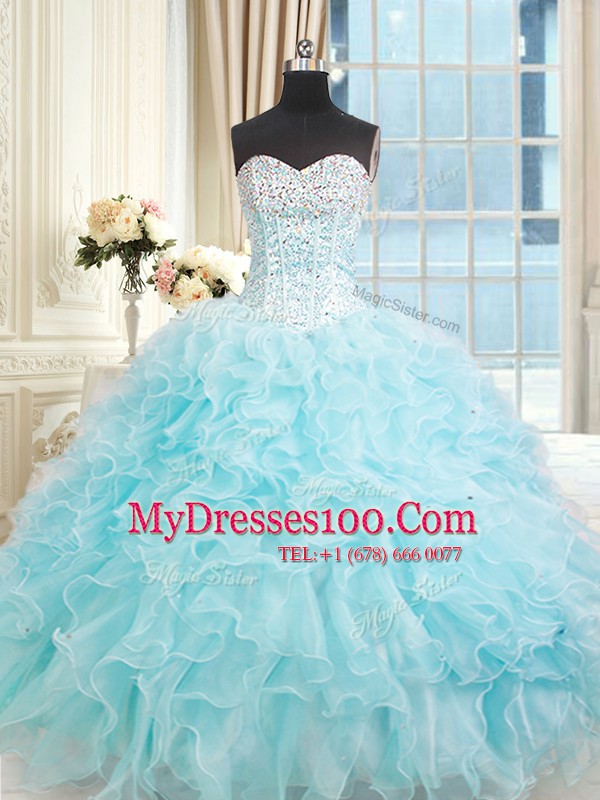 Floor Length Lace Up Quinceanera Gown Light Blue for Military Ball and Sweet 16 and Quinceanera with Ruffles