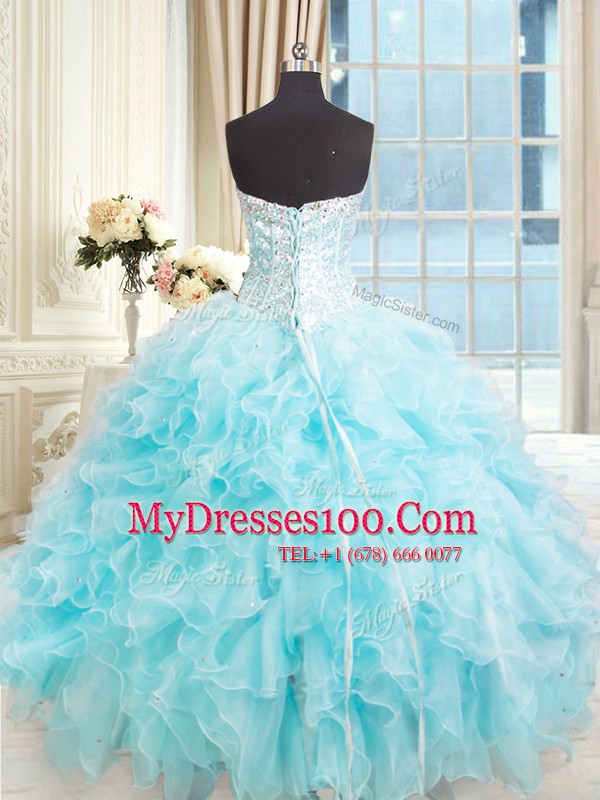 Floor Length Lace Up Quinceanera Gown Light Blue for Military Ball and Sweet 16 and Quinceanera with Ruffles