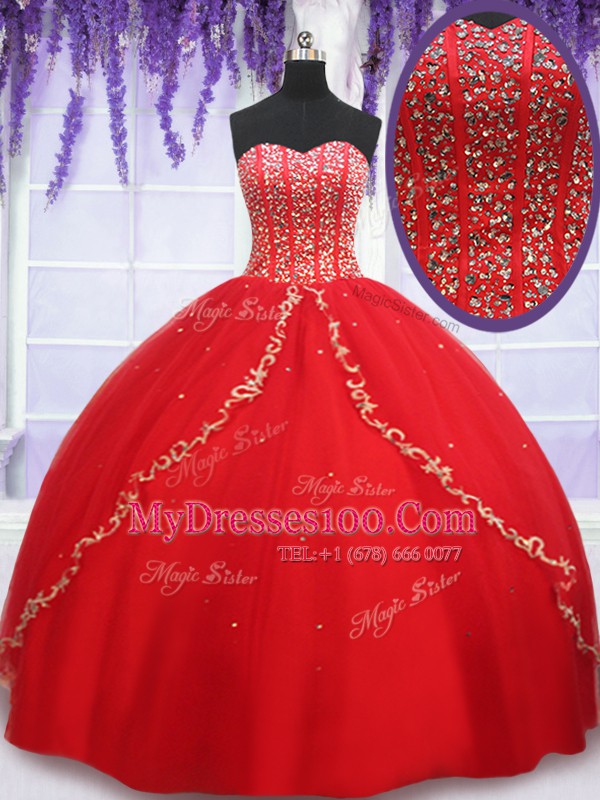 Romantic Floor Length Lace Up Quinceanera Gown Red for Military Ball and Sweet 16 and Quinceanera with Beading and Appliques