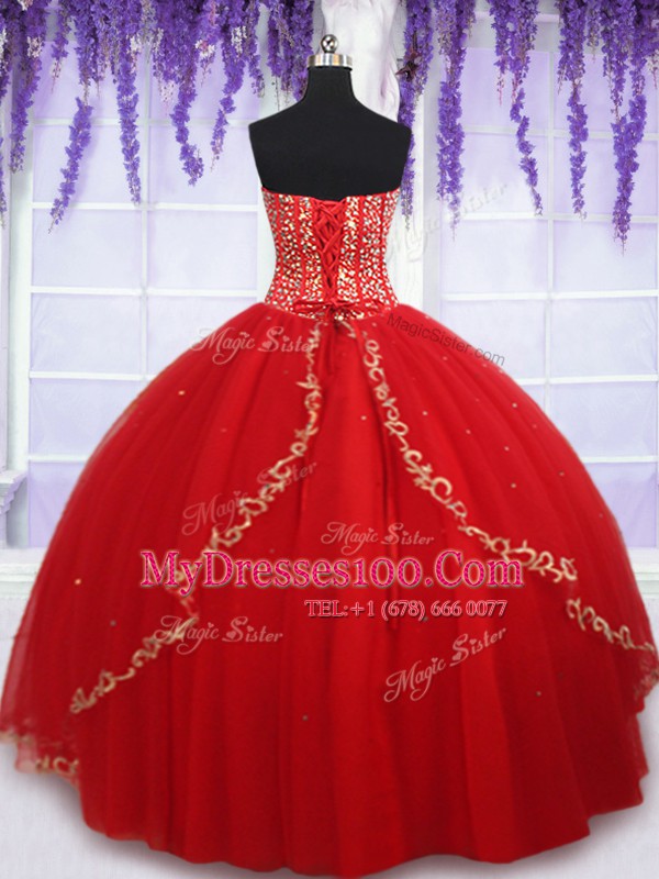 Romantic Floor Length Lace Up Quinceanera Gown Red for Military Ball and Sweet 16 and Quinceanera with Beading and Appliques