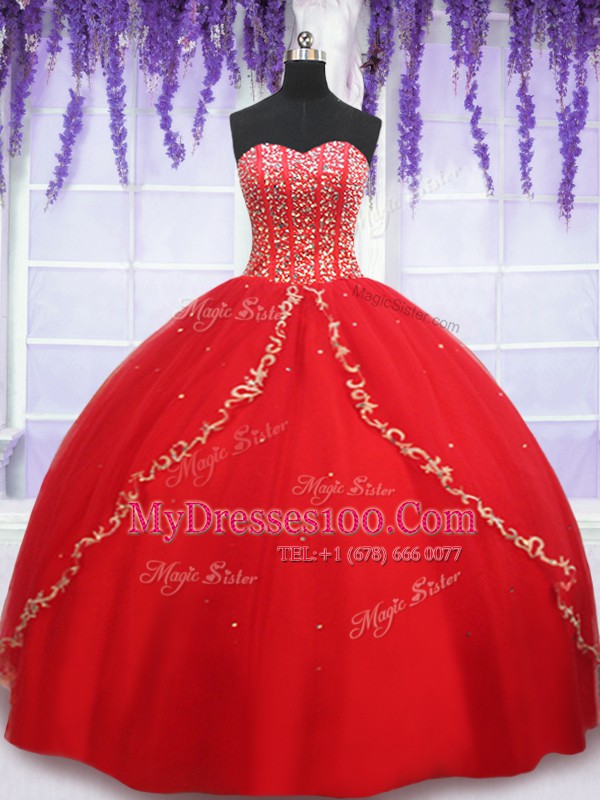 Romantic Floor Length Lace Up Quinceanera Gown Red for Military Ball and Sweet 16 and Quinceanera with Beading and Appliques