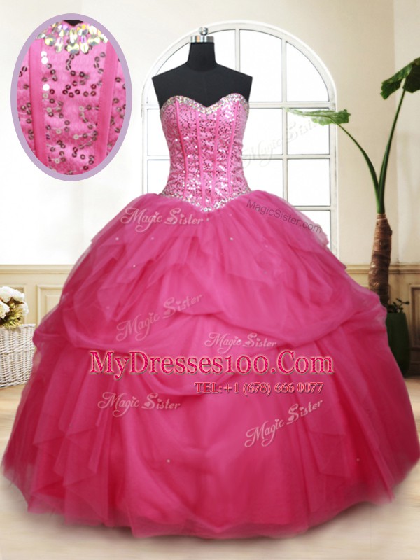 Admirable Hot Pink Tulle Lace Up Sweetheart Sleeveless Floor Length Vestidos de Quinceanera Beading and Ruffles and Sequins