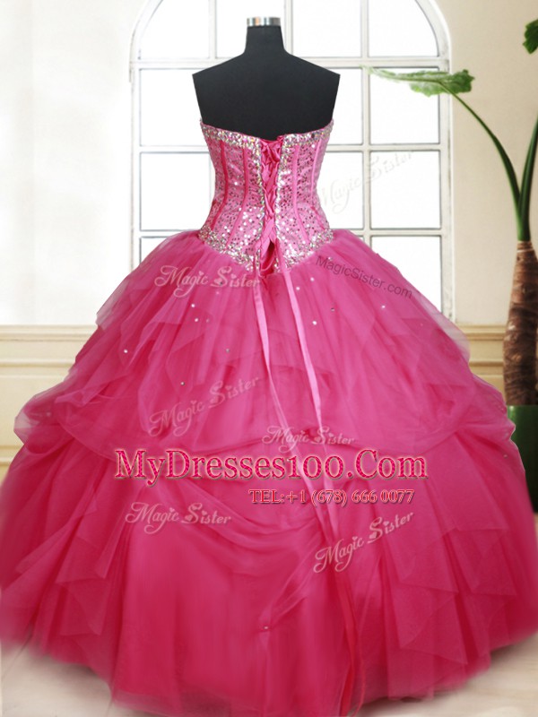 Admirable Hot Pink Tulle Lace Up Sweetheart Sleeveless Floor Length Vestidos de Quinceanera Beading and Ruffles and Sequins